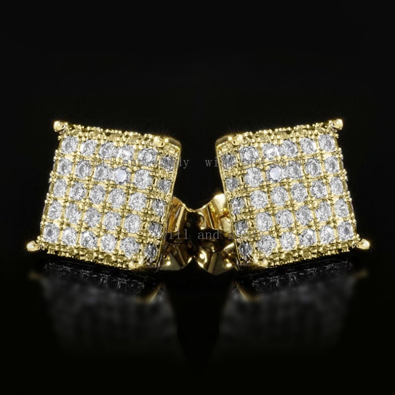 Square Zircon Micro Stud Earrings Designer Jewelry Charm Gold Full Diamond Earring Rings for Woman Man Hiphop Fine Jewelry Wedding Birthday Mother Gif