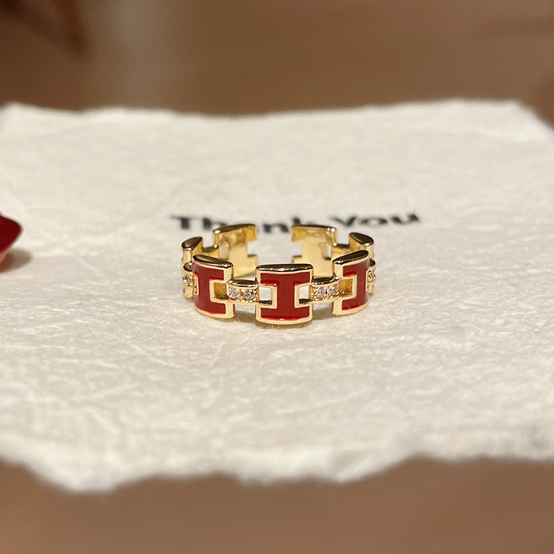 Gold Tone Linked Ring With Red Enamel & Pave Crystal Accents Minimalist Chic Daily Jewelry And Gift For Her High Quality Stylish Design