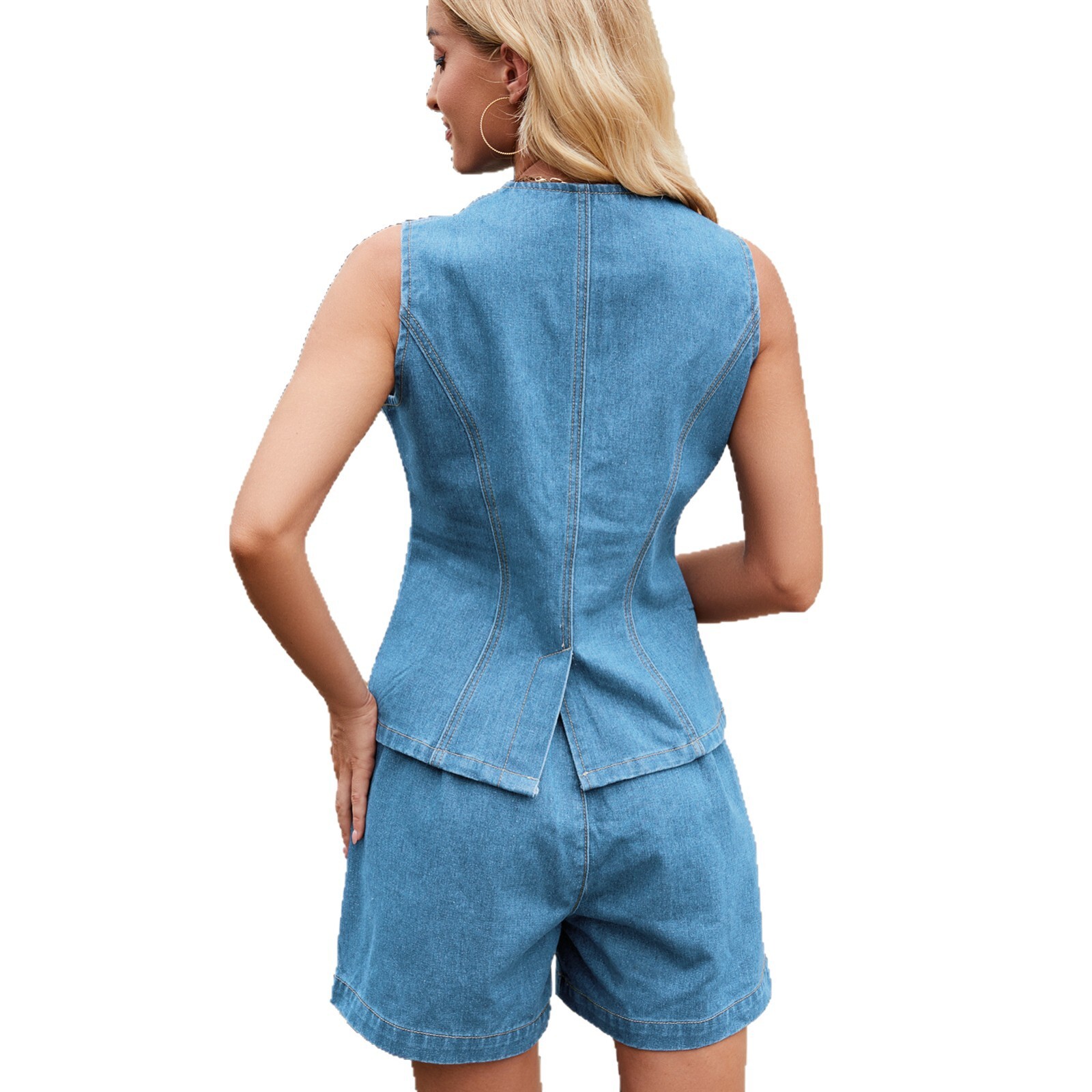 Womens Summer Washed New Sleeveless Casual Denim Shorts Set