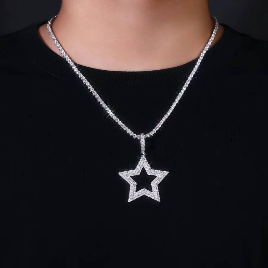 Star of David Moissanite Pendant Necklace 925 Sterling Silver Hip Hop Style Double Layer Iced Out Design