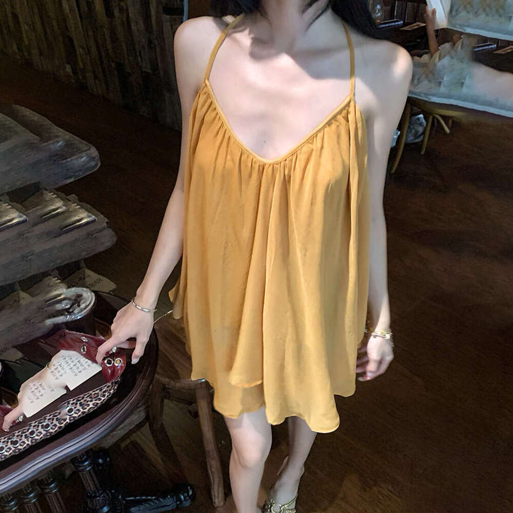 2025 Summer New Slim Fit Neck Sleeveless Versatile Slimming Halter Backless V-Neck Dress for Women 25a