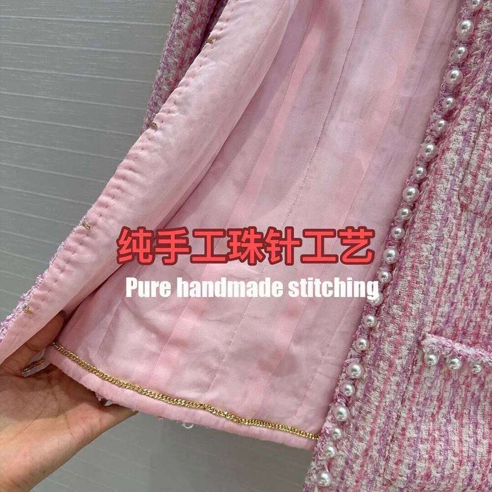 2025 Pure Handmade Ing Silk Liner Pink Plaid Woven Vintage Tweed Coat Women Pearls Pockets Long Sleeve Sweet Jacket