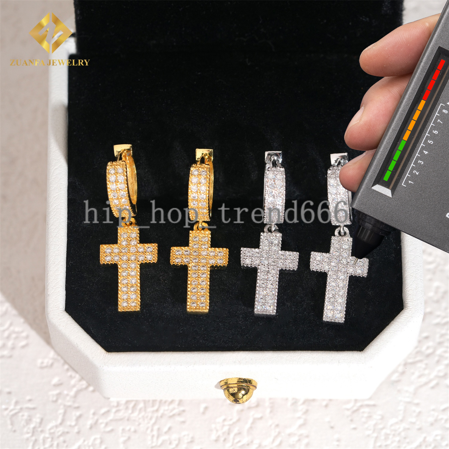 Wholesale Mens Drop Earrings Collection D VVS Moissanite Iced Out Diamond Hiphop Jewelry 925 Silver Cross Hoop Earrings