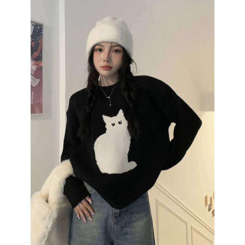 Sweet Cartoon Cat Jumper Warm Sweater Women Japanese Loose Vintage Knit Fashion Top Kawaii Girls ins Winter 2022 New