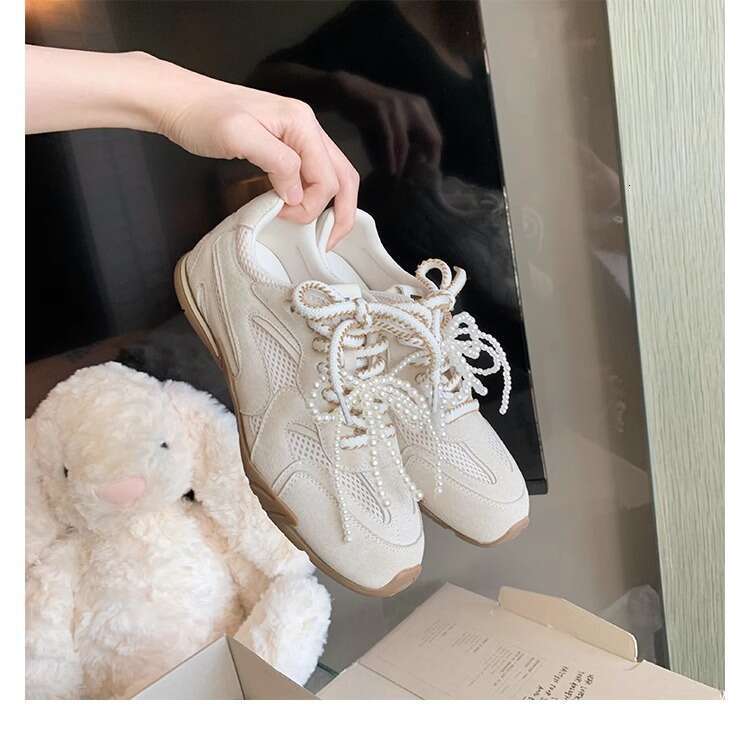 2025 Spring New Thick-Soled Sports Comfortable Soft Sole Breathable Dad Pearl Lace-Up Silver Casual Women's Shoes