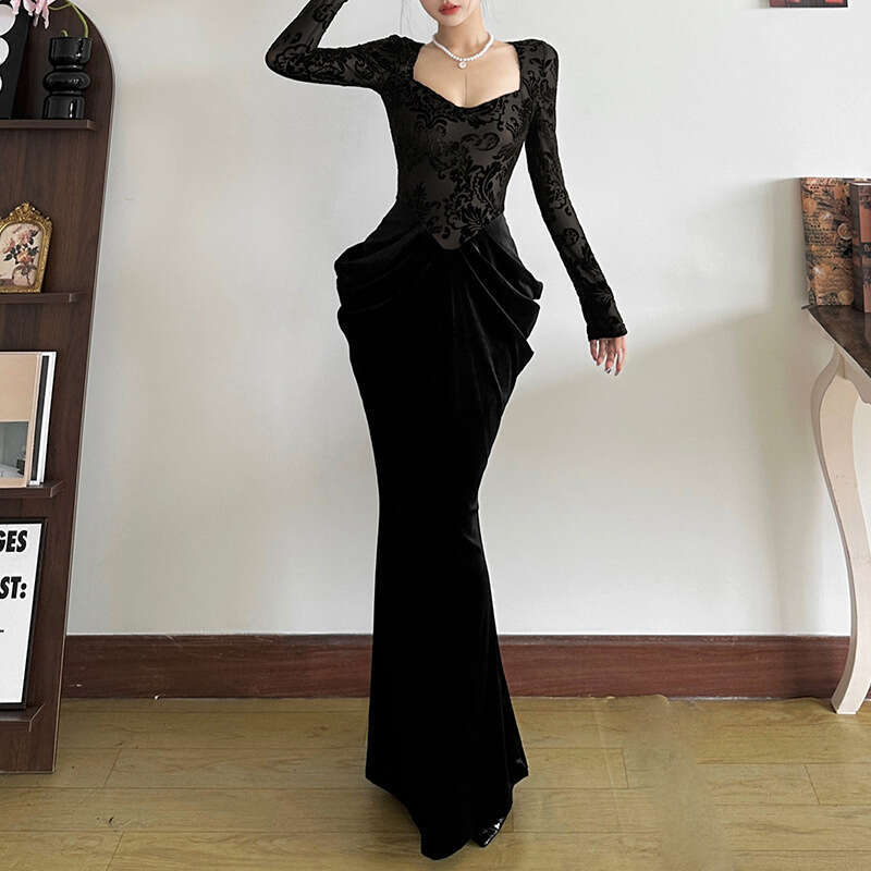 2024 Autumn Winter New Women's Solid Color Slim High Waist Street Fashion Square Neck Long Sleeve Dress 2d7