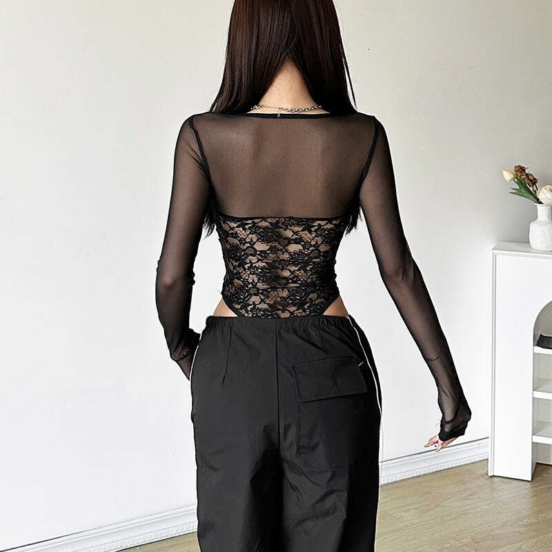2024 Autumn New Women's Solid Color Slim Street Fashion V-Neck Long Sleeve Mesh Jumpsuit 98c