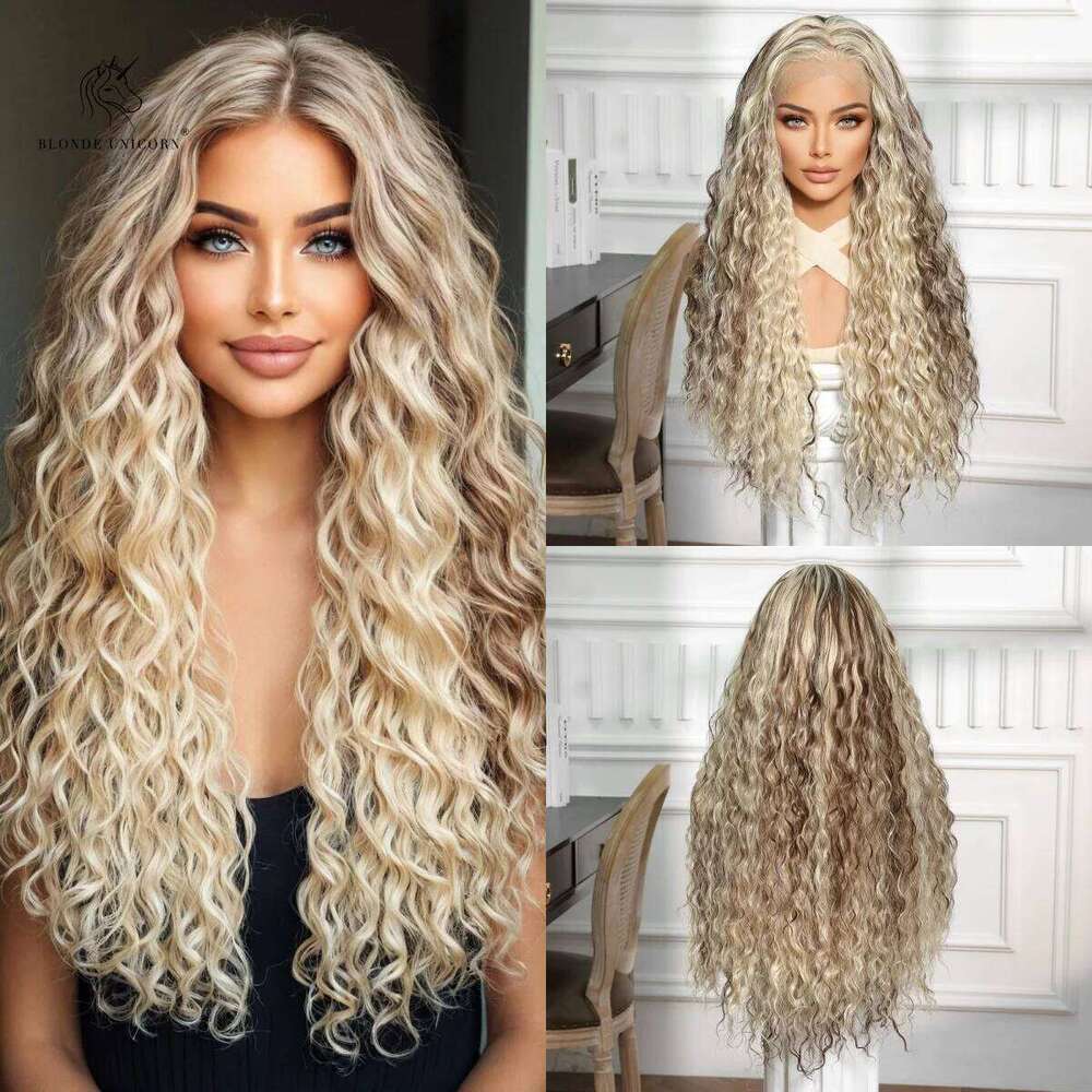 BLONDE UNICORN Women Curly Wave Lace Front Ombre Dark to Blonde Hair Wig Party Cosplay Heat Resistant Daily Natural