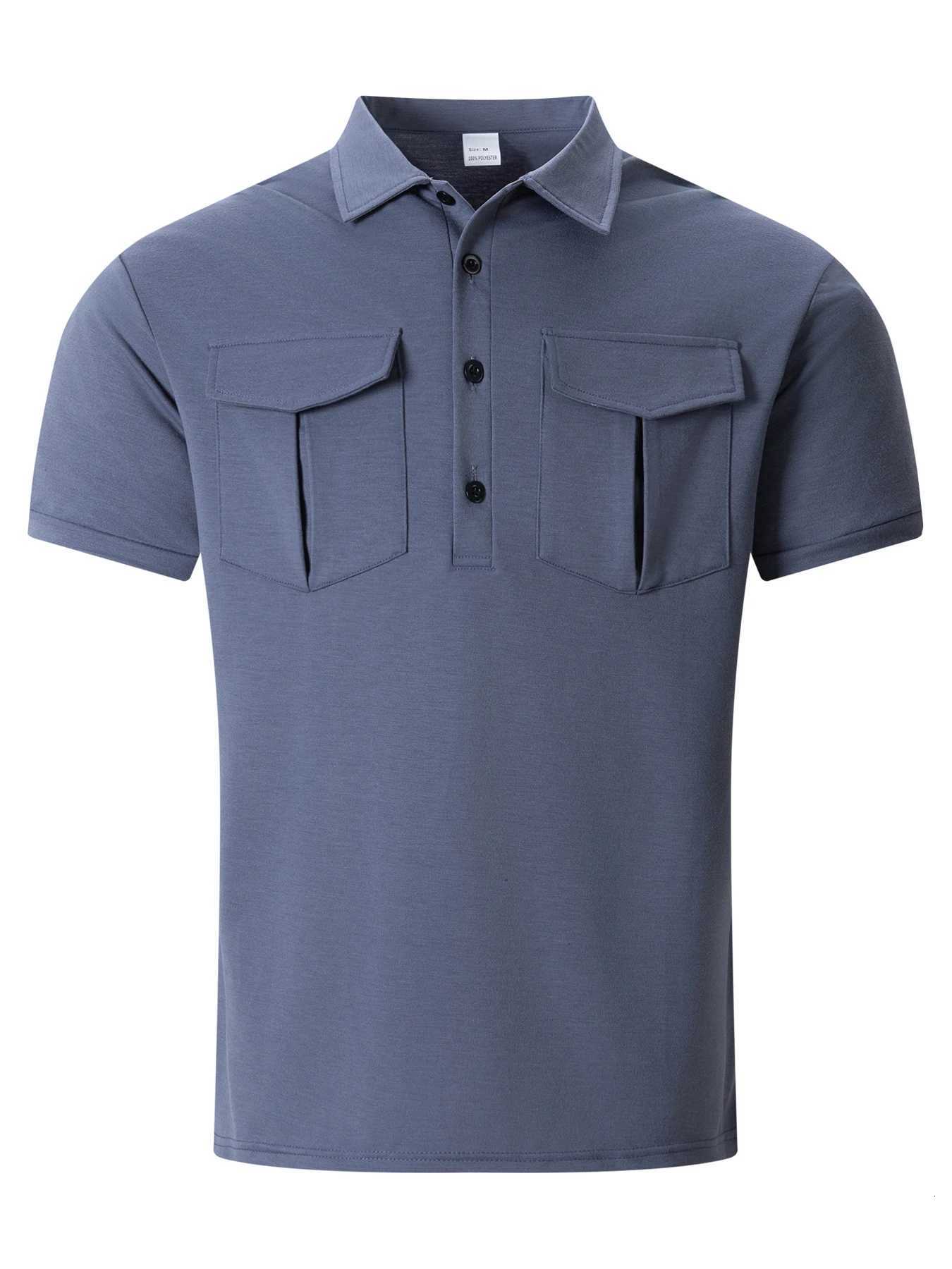 2025 Mens Simple Summer New Long Front Button Lapel Double Pockets Solid Color Short-Sleeved High-Grade Casual Polo Shirt XJ250725