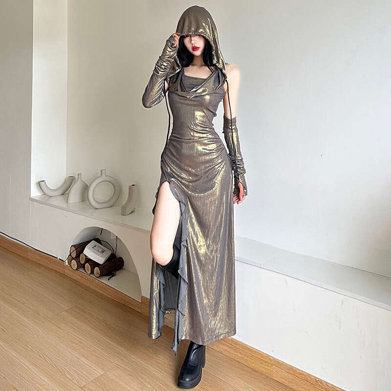 2023 Summer New Women's Solid Color Slim Street Fashion Hooded Sleeveless Split Dress 9b8