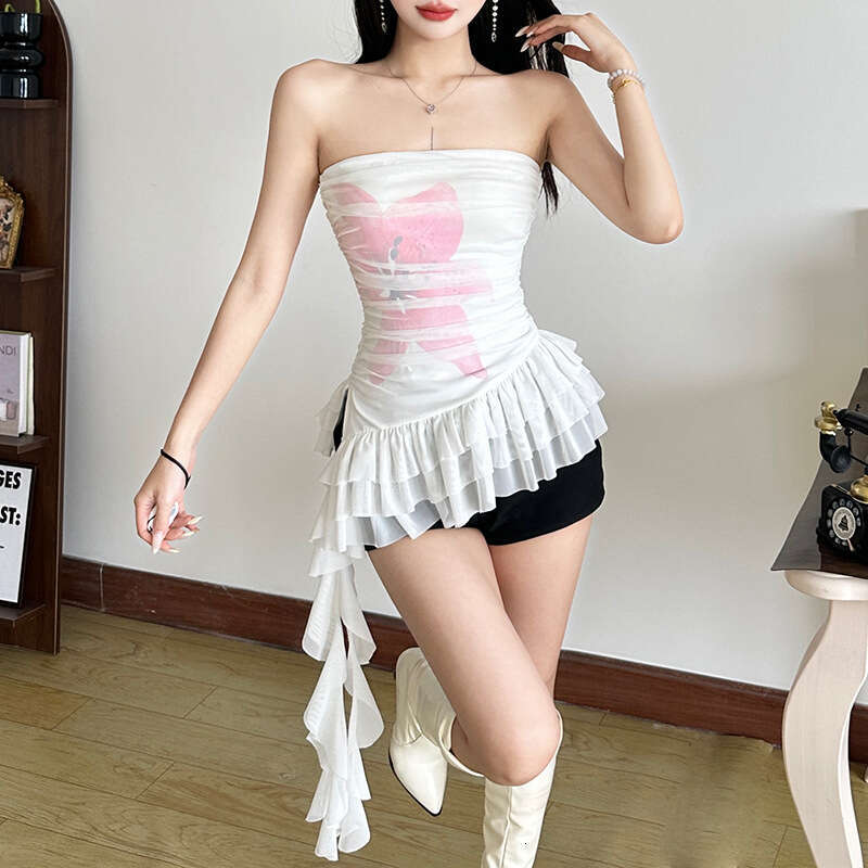 2025 Women's Summer Fashion Printed Sexy Off-Shoulder Strapless Tassel Ribbon T-Shirt 94f