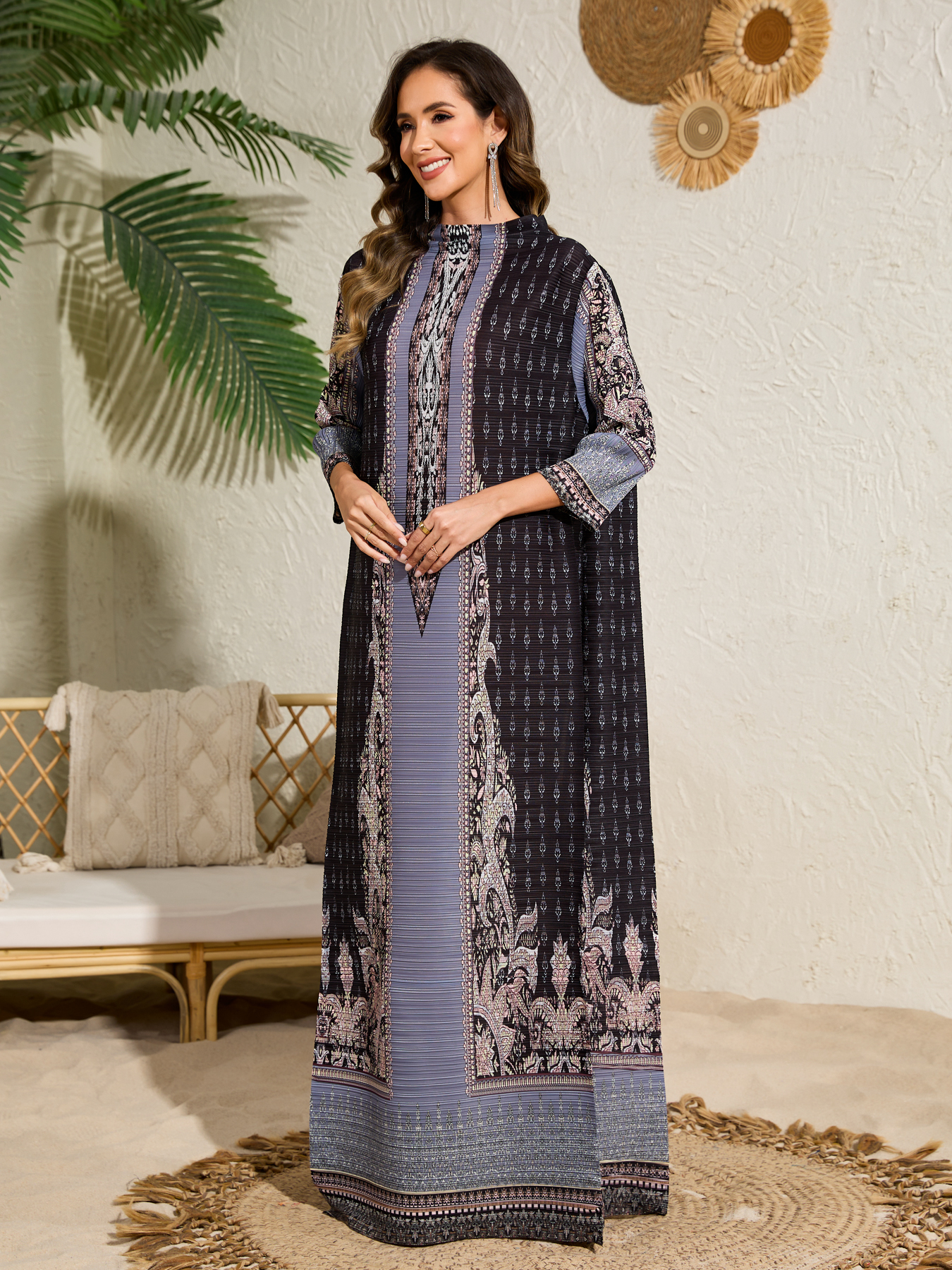 Dress Ethnic Clothing Ladies' elegant, loose and printed long-sleeved dress in Arab style NZ017