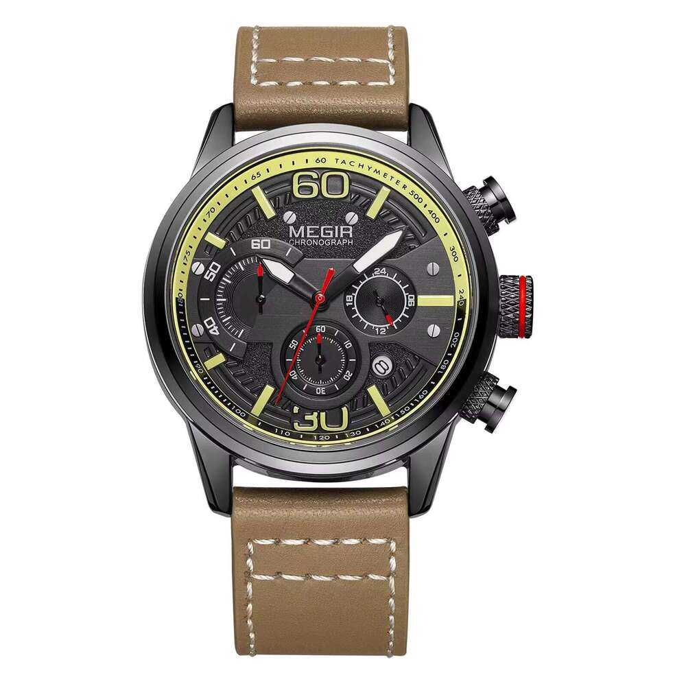 MEGIR Men's Oversized Chronograph Watch - 53mm Genuine Leather, Waterproof, Luminous - Bulk Wholesale Watches