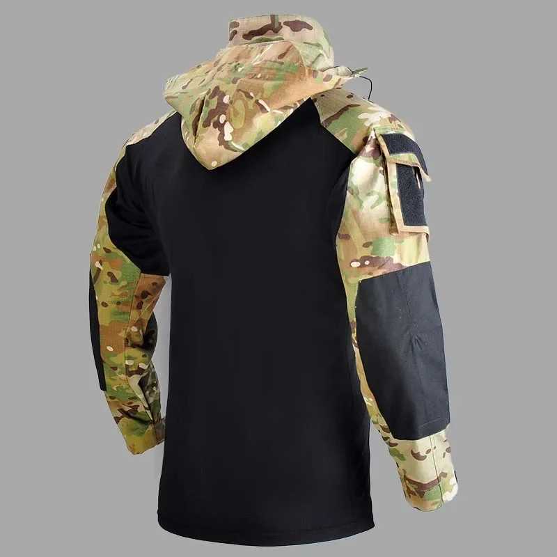 Outdoor Shirts Camo Combat T-Shirt Hooded Men Tactical Shirt Wear Resistance Airsoft Paintball Camping Hunting Clothing Y250724