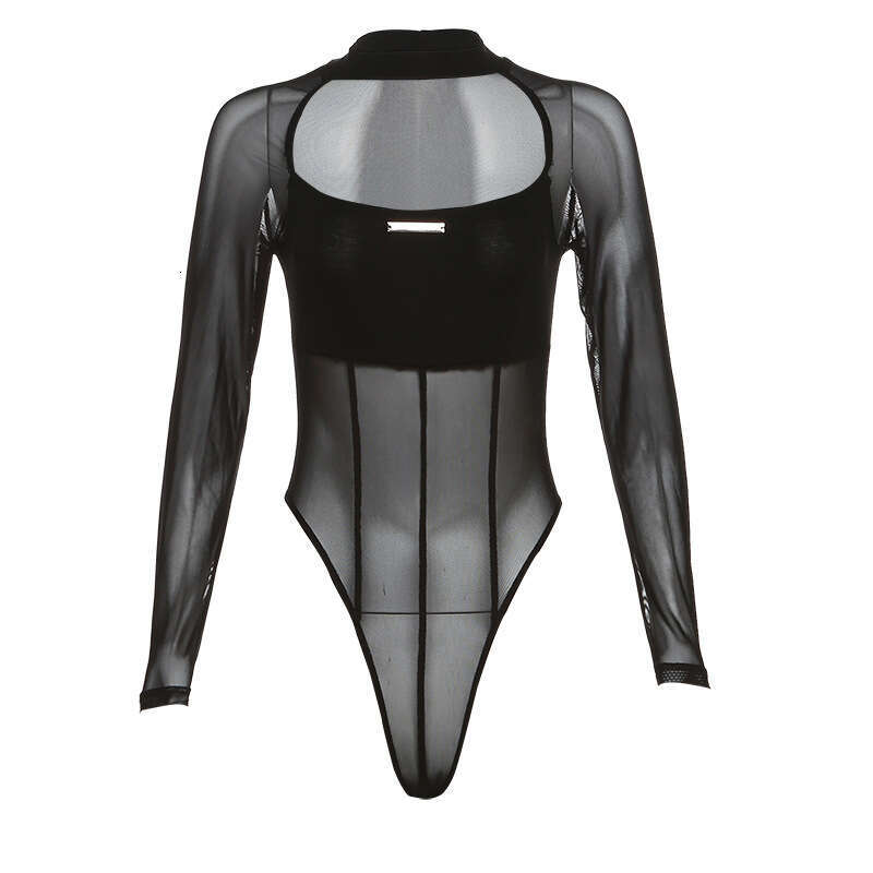 2023 Summer New Women's Solid Color Sexy Mesh Long Sleeve Hollow Out Jumpsuit e6a
