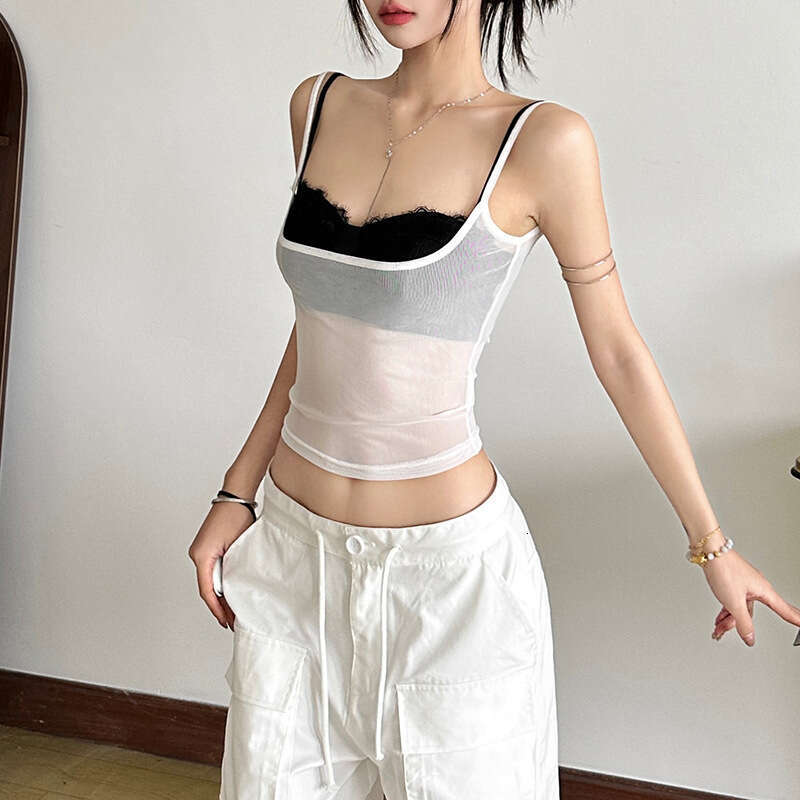 2025 Spring New Women's Solid Color Slim Fit Fashion Strapless Tube Top Mesh Two-Piece Set Vest a12