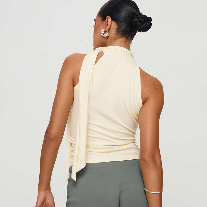 Dtp380 Women's Summer New Solid Color Sleeveless High Neck Tie Ribbon T-Shirt Top B5