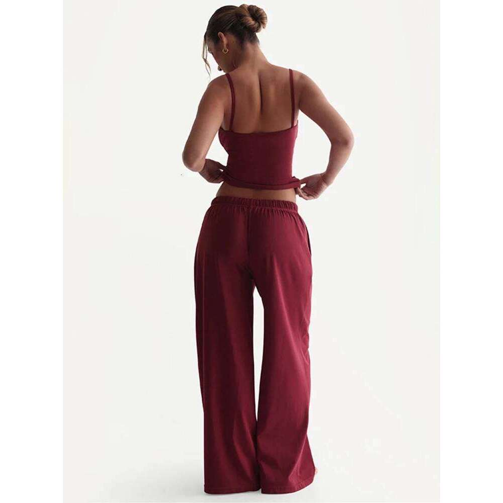 Designer Leisure High Quality kliou Casual Daily Women 2 Piece Set Basic Active Solid U-neck Backless Camisoles Top+Loose Elastic Waist Pants Mujer Tr