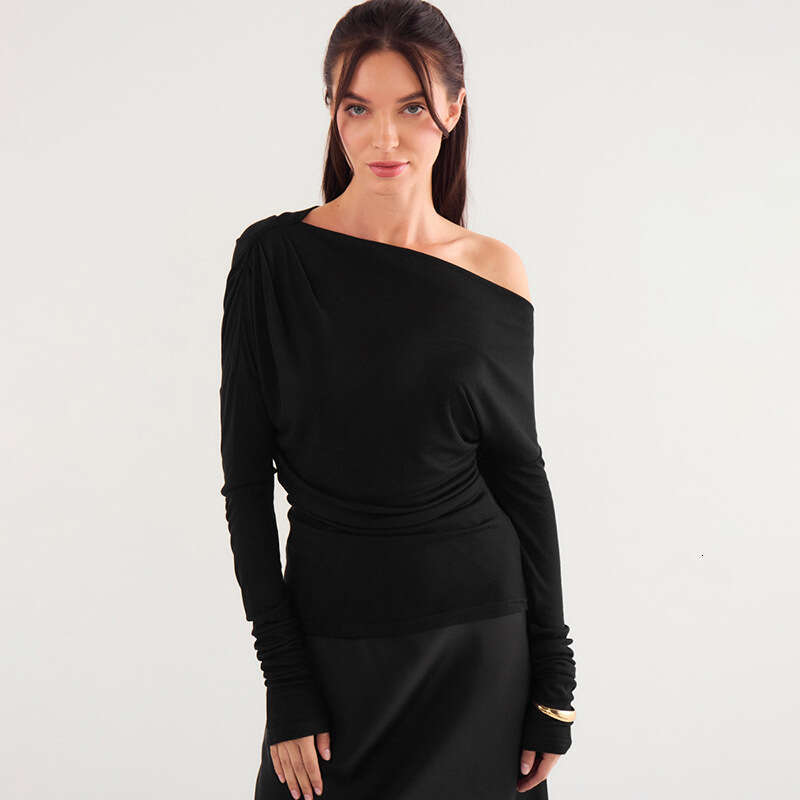 Ytp591 Autumn Winter Women's Sexy Asymmetrical Neck Off-Shoulder Ruched Waist Solid Color Short Top T-Shirt B5