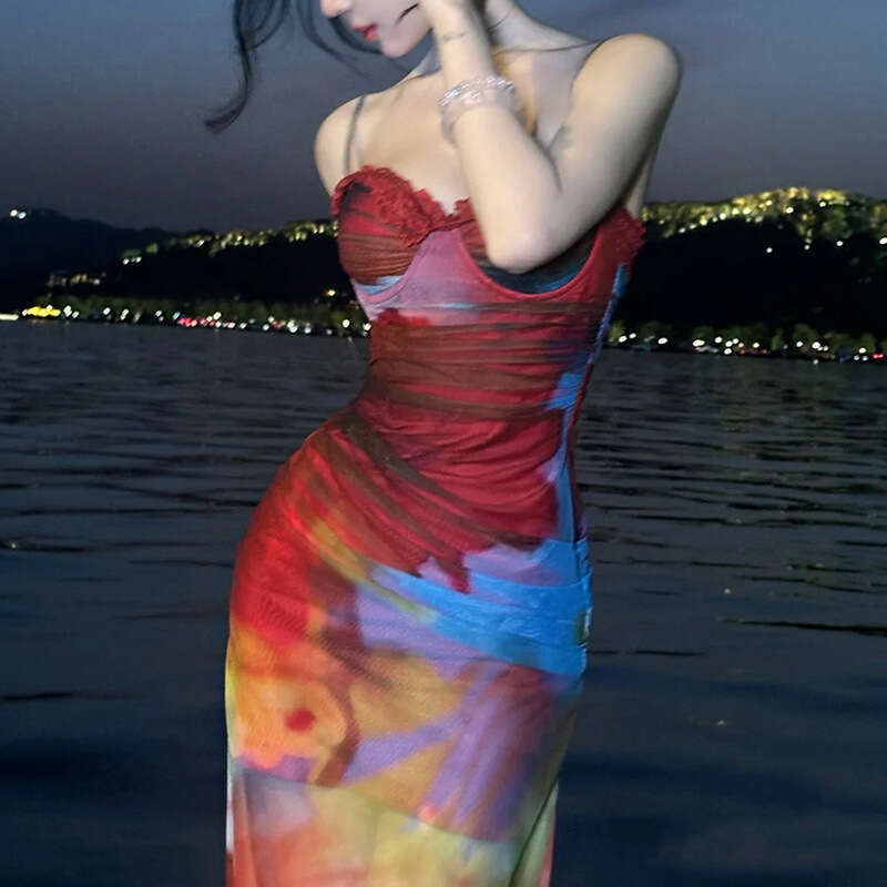 2025 Women's Summer New Casual Painted Print Sexy Strap Slim Fit Bodycon Dress 72e