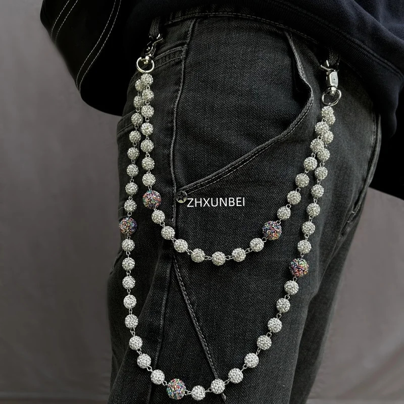 1pc Hip Hop Jewelry Wallet Chain 10mm Pink White Disco Rhinestone Beads Pendant Bag Pocket Pants Jeans Chain 250722