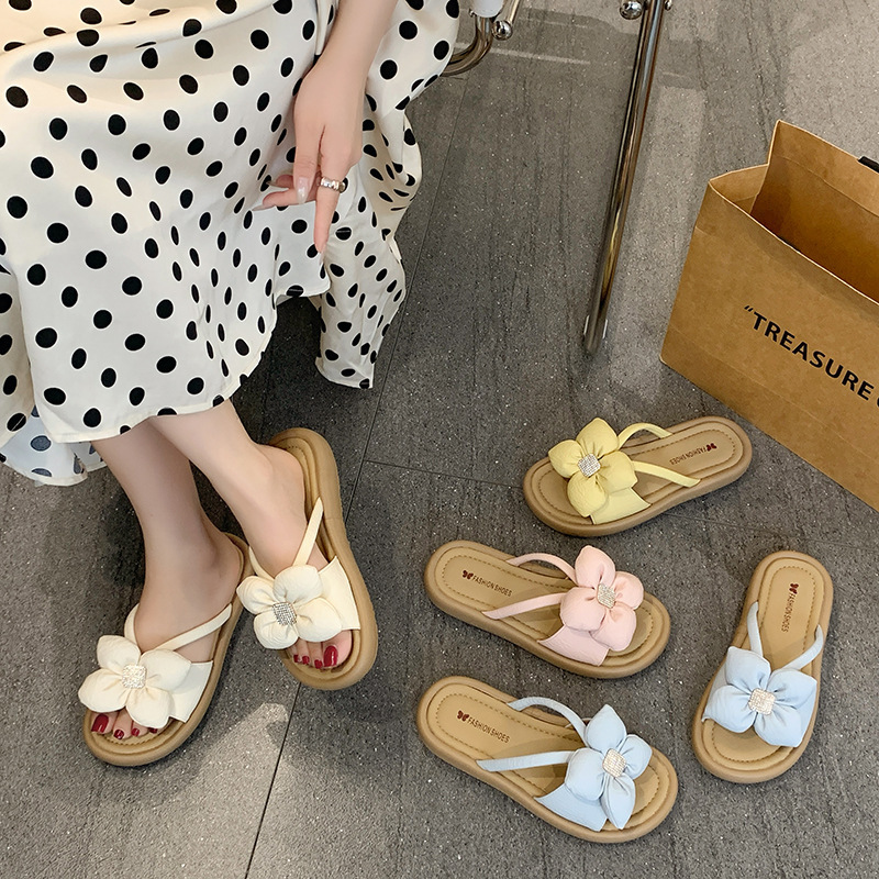 Ddmysports Fashion Rhinestone Flower Thick Sole Slippers For Women Summer Outdoor New Fairy Style One Strap Platform Sandals Outdoor Shoes