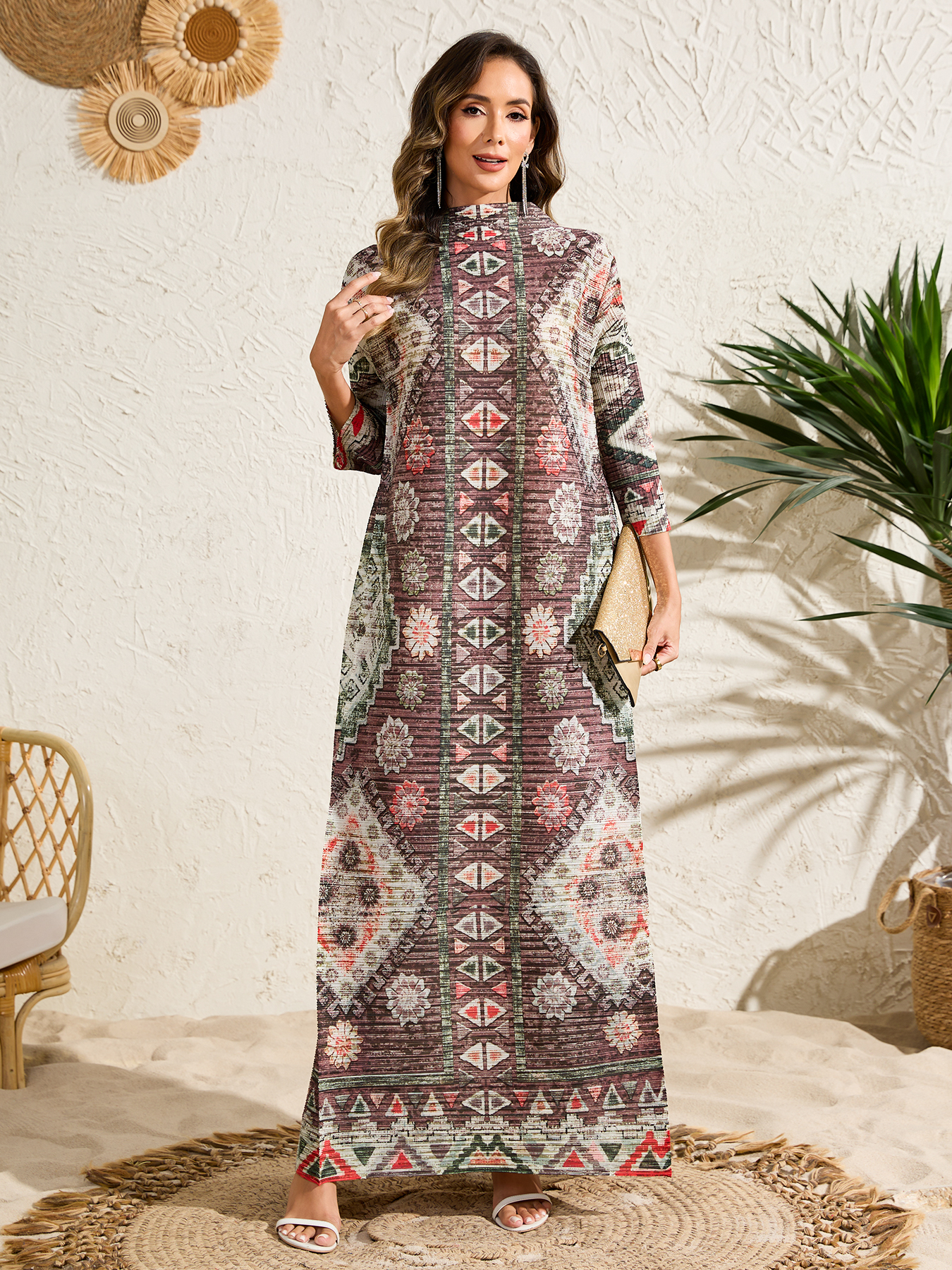 Ethnic Clothing Dress Arab Style Women's Loose-Fit Long-Sleeve Dress with Print NZ016