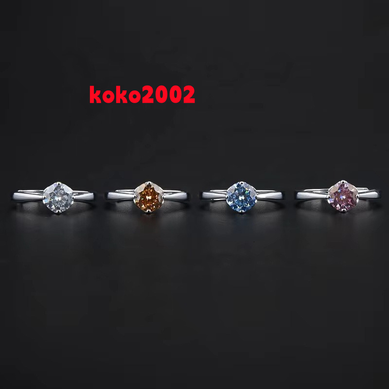 Simple S925 Sterling Silver Women Four-Claw Setting Color Moissanite Band Wedding Open Rings