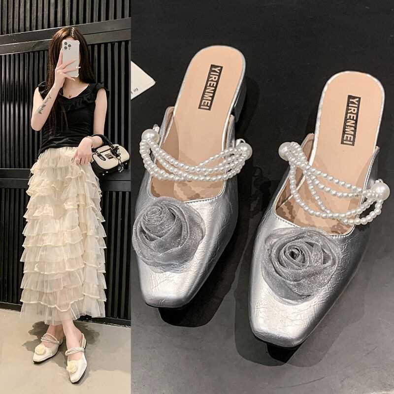 Ddmysports Fairy Style Flower Pearl Sandals For Women Summer Fashion Slip On Closed Toe Outdoor Lightweight Chunky Heel Slippers Outdoor Shoes