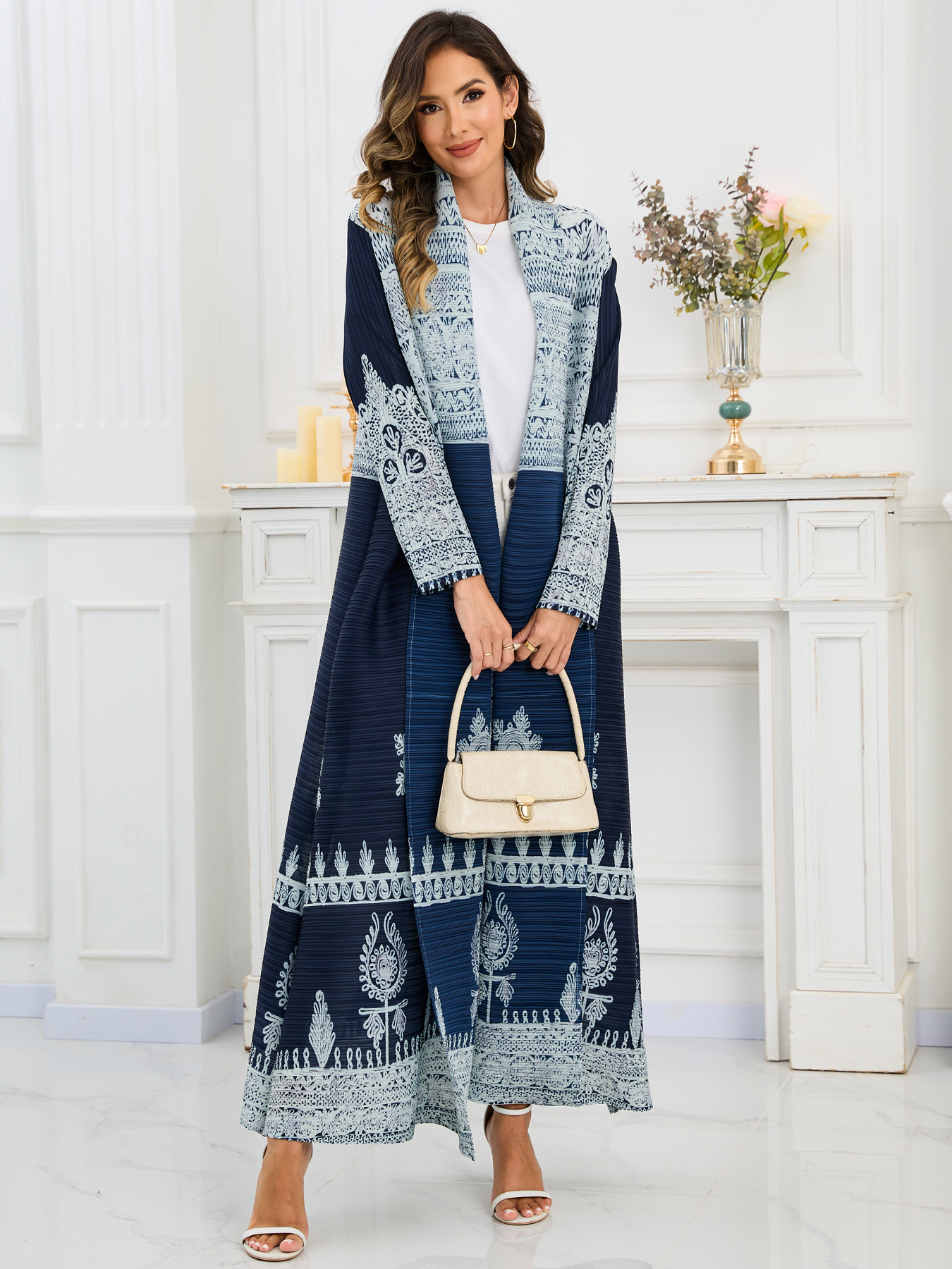Ethnic Clothing Middle Eastern printed pleated long robe coat Ladies' elegant, loose, large-sized printed cardigan shawl in Arab style is trendy 