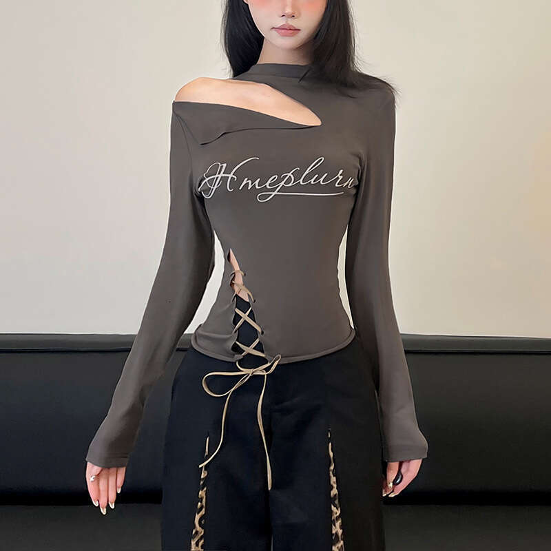 2024 Autumn New Women's Solid Color Slim Street Fashion Asymmetrical Neck Long Sleeve Printed Top d97