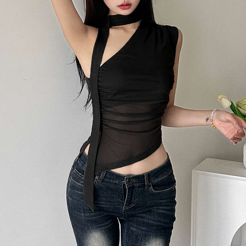 2024 Summer New Women's Solid Color Slim Street Fashion Asymmetrical Neck Mesh Sleeveless Top 009