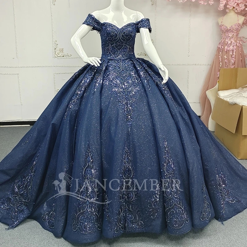 Navy Blue Shiny Quinceanera Dresses Off Shoulder Ball Gown Sweet 16 Dress Sequin Applique Lace Beading Tull Birthday Party Vestidos 15 De Anos