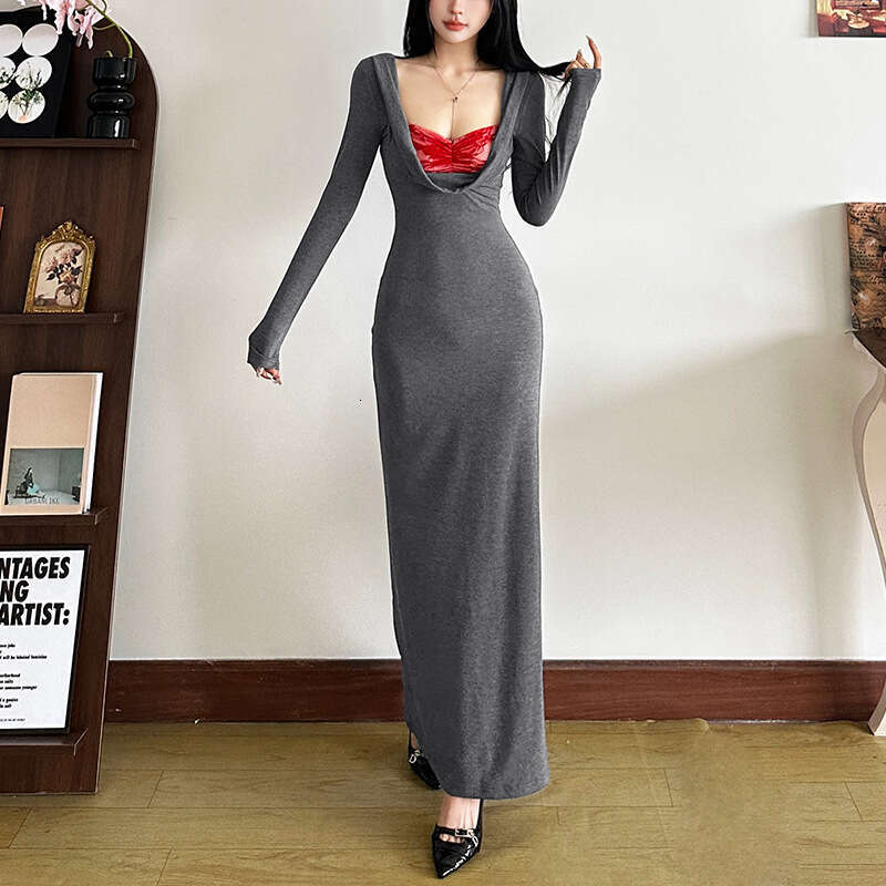 2024 Autumn Winter New Women's Solid Color Slim High Waist Bodycon Fashion Square Neck Long Sleeve Dress c47
