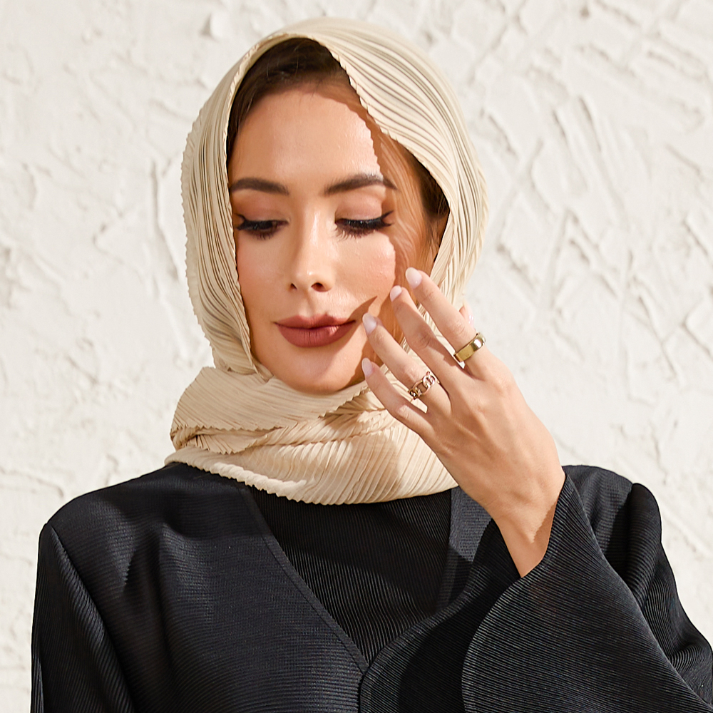 Pleated headscarf Ethnic Clothing New long women's Muslim headscarf, solid color pleated scarf