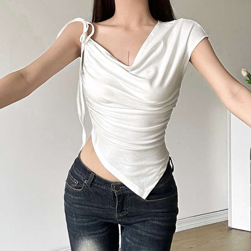 2024 Summer New Women's Solid Color Slim Street Fashion Strap Sleeveless Ruched Top f5b