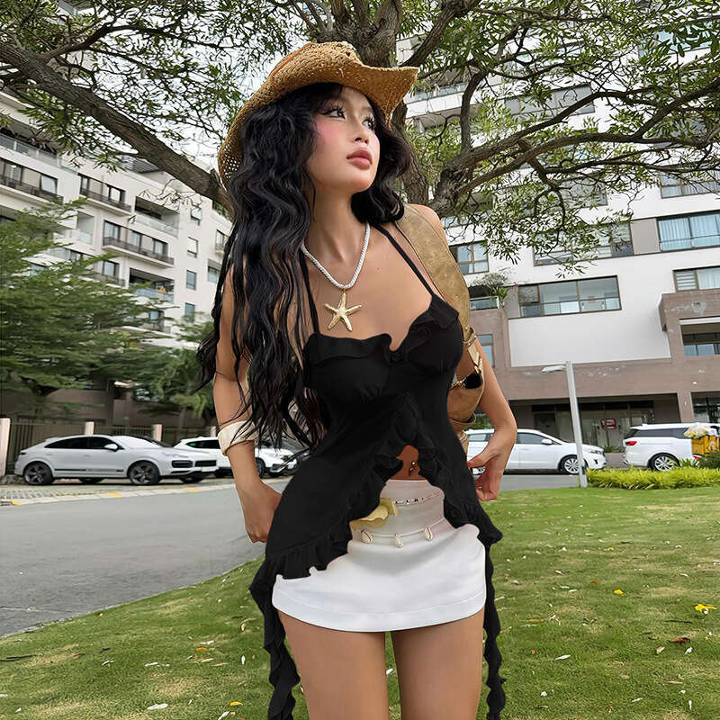 2025 Summer New Halter Neck Waist-Cinching Sleeveless Versatile Crop Elegant Slim Fit Small Ribbon Top for Women 92b