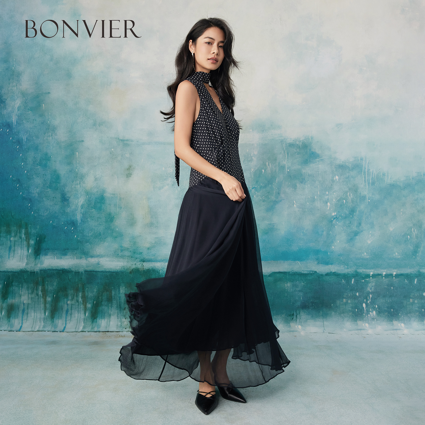 Lace Polka Dot Long Casual Dresses Spring Women Sleeveless Round Neck Big Swing Dress New Summer High Waist Knee Length Dress 6116835