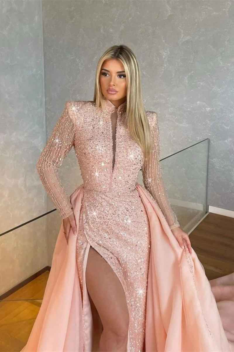 Blush Pink Mermaid Prom Dress With Detachable Train Sequined Beads Crystals High Neck Long Sleeve Evening Formal Party Birthday Customized