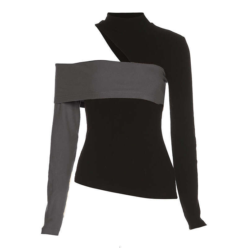2021 Autumn New Women's Sexy Slim Fit Fashion Irregular Color Block Off-Shoulder Long Sleeve T-Shirt bef