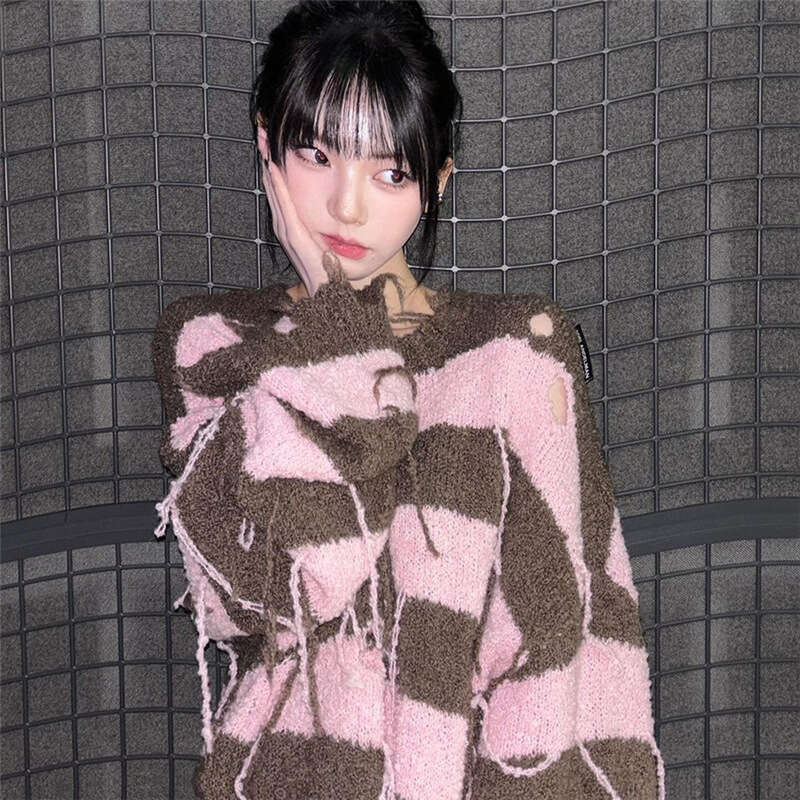 Women's Clothing 2023 Autumn Winter New Street Fashion Striped Loose Ripped Long Sweatshirt 911