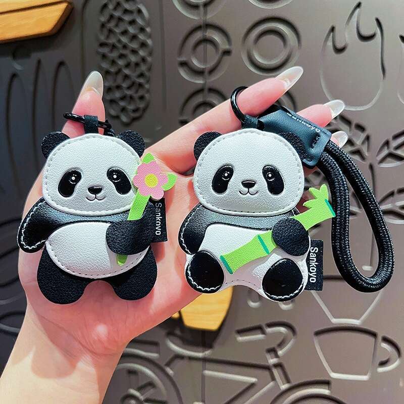 Genuine Panda Keychain Cute Cartoon Flower Holding Bamboo Leather Couple Bag Pendant Small Gift