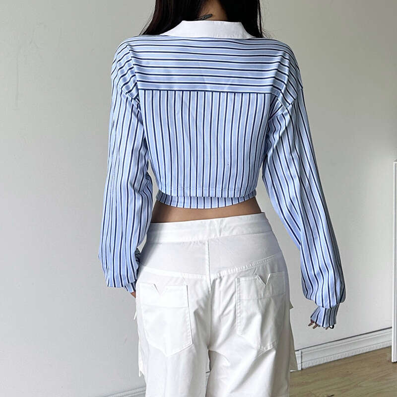 2024 Autumn New Women's Solid Color Slim Fit Street Fashion Turn-down Collar Printed Long Sleeve Top bee