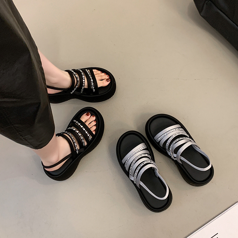 Ddmysports Platform Thick Sole Rhinestone Sandals For Women Summer New Style Black Strap Versatile With Skirts Height Increasing Beach Shoes Outdoor S