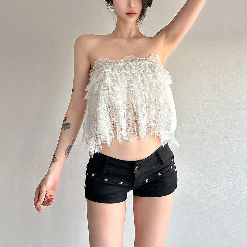 2025 Summer New Women's Fashion Street Style Sexy Lace Trim Strapless Two-Piece 8e0
