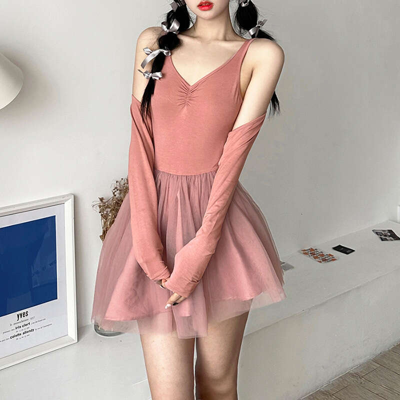 2023 Spring Summer New Women's Solid Color Long Sleeve Blouse Fashion V-neck Strap Dress 2b8