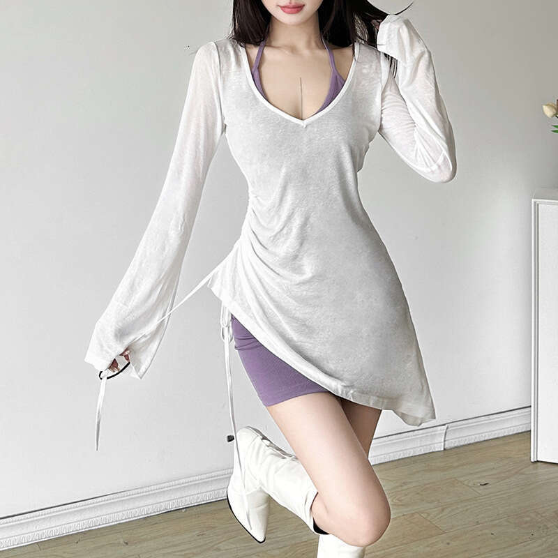 2024 Women's Autumn Solid Color Long Sleeve Loose Blouse Sexy Strap Halter Dress Two-Piece Set 307