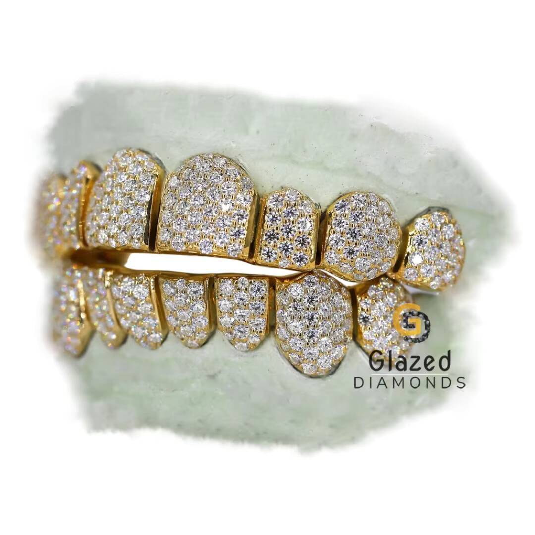 Hip Hop Personality Grillz Teeth Top Bottom Set With Vvs Clarity Moissanite Diamond Iced Out in 925 Sterling Silver