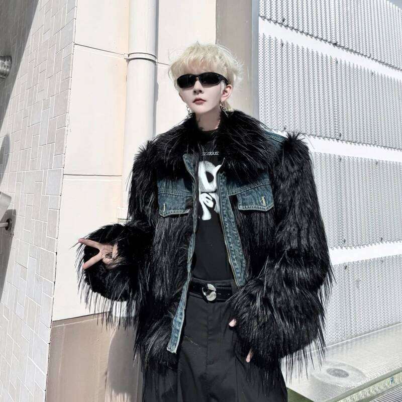 2025 Winter New Male Warm Imitation Fur Cotton-Padded Men's High-End Trendy Handsome Lapel Denim Splicing Cotton Jackets