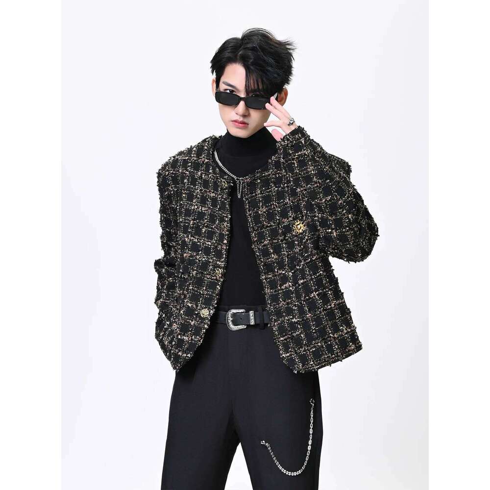 Male Small Fragrant Coats 2025 New Trendy Masculinity Tweed Plaid Long Sleeve Round Neck Tops Men's Chic Short Jackets